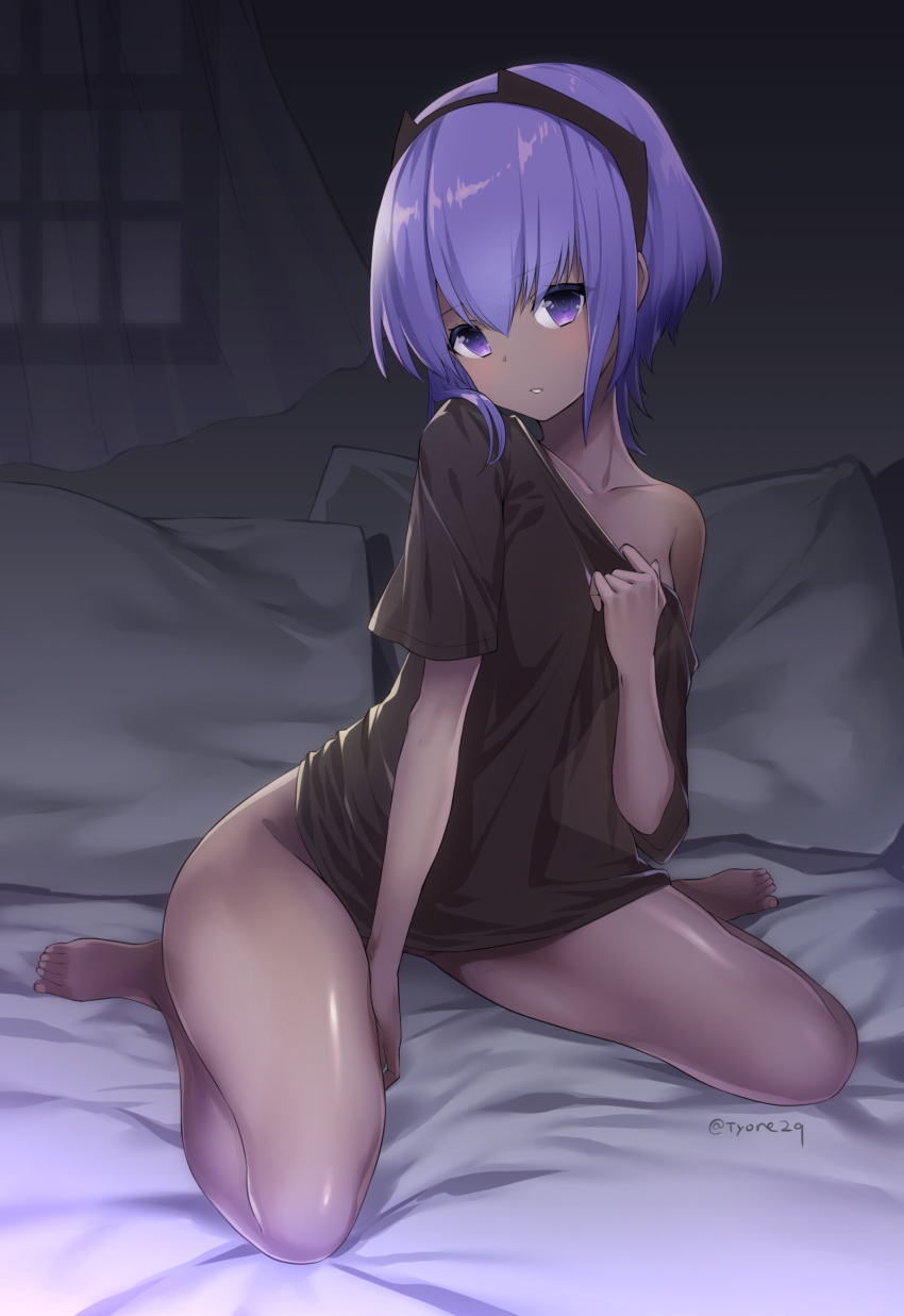bare_legs barefoot between_legs blurry breasts dark_skin depth_of_field eyebrows_visible_through_hair fate/prototype fate/prototype:_fragments_of_blue_and_silver fate_(series) hand_between_legs hand_on_own_chest hassan_of_serenity_(fate) highres indoors light_blush looking_at_viewer naked_shirt off_shoulder on_bed parted_lips purple_eyes purple_hair see-through_silhouette shirt short_hair sitting small_breasts solo tyone wariza