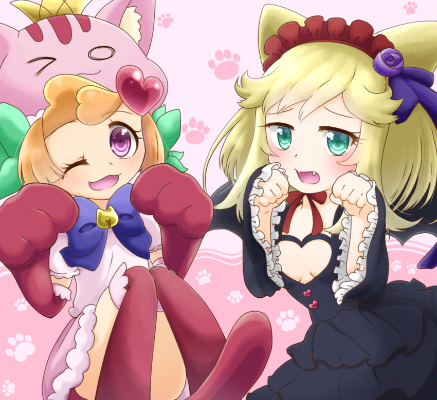 2girls :3 animal_ears anyamal_tantei_kirumin_zoo aqua_eyes bell black_dress blonde_hair blue_neckwear blush bow_tie breasts cat_ears clenched_hands dress elbow_gloves eyebrows_visible_through_hair fang female flat_chest flower fur_trim gloves hair_flower hair_ornament hair_ribbon hands_up happy hat hatori_kanon heart heart_cutout jingle_bell kneehighs knees_together_feet_apart knees_up long_sleeves looking_at_viewer mikogami_riko muguet multiple_girls one_eye_closed open_mouth orange_hair paw_pose paw_print_background pink_background pink_hat pink_shirt pink_skirt purple_flower purple_ribbon red_gloves red_legwear red_neckwear red_ribbon ribbon shirt short_hair short_sleeves shy simple_background sitting skirt small_breasts smile standing two-tone_background wink