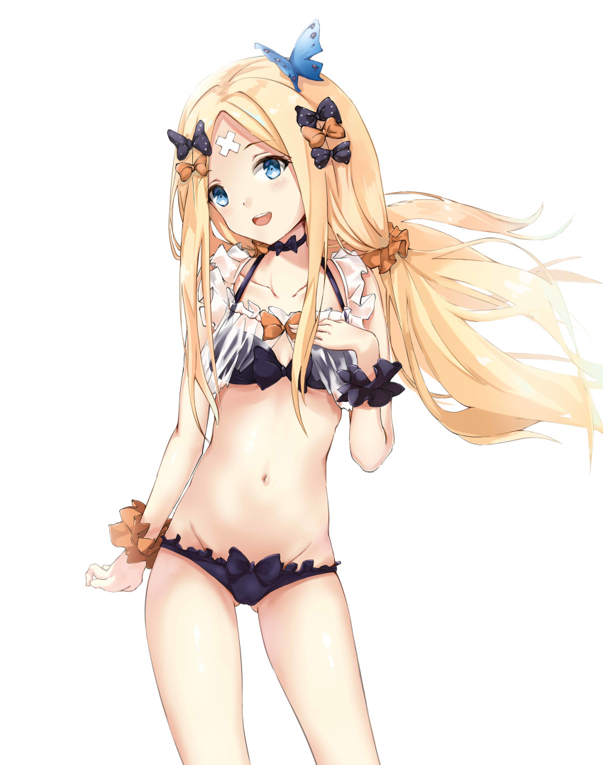 :d abigail_williams_(fate/grand_order) absurdres ass_visible_through_thighs bangs bare_shoulders bikini black_bikini black_bow black_scrunchie blonde_hair blue_eyes blush bow breasts butterfly_hair_ornament collarbone commentary_request crossed_bandaids fate/grand_order fate_(series) groin hair_bow hair_ornament hair_scrunchie halterneck head_tilt highres long_hair navel open_mouth orange_bow orange_scrunchie parted_bangs polka_dot polka_dot_bow round_teeth scrunchie see-through simple_background small_breasts smile solo swimsuit taka_(0taka) teeth upper_teeth very_long_hair white_background wrist_scrunchie