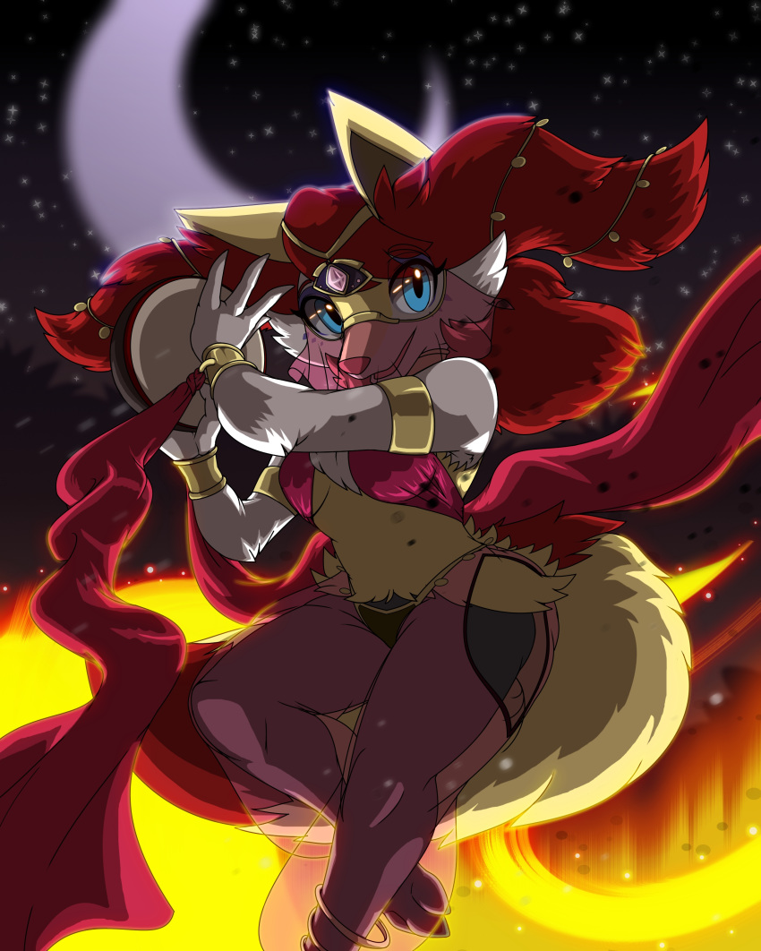 2016 3_fingers 3_toes absurd_res aged_down anna_firecraft anthro anthrofied armlet ashes biped blue_eyes bracelet braixen breasts canine cheek_tuft cleavage clothed clothing crescent_moon dancing digital_drawing_(artwork) digital_media_(artwork) dipstick_tail eyelashes fan_character female fire fluffy fluffy_tail front_view fur gold_(metal) gold_jewelry grey_fur gypsy hair harem harem_outfit hi_res holding_musical_instrument holding_object inner_ear_fluff jewelry lighting long_tail looking_aside looking_away mammal medium_breasts metaljaw75 midriff moon moonlight multicolored_fur multicolored_tail musical_instrument night nintendo open_mouth open_smile outside panties pants pink_nose pok&eacute;mon pok&eacute;mon_(species) pok&eacute;morph raised_leg red_fur red_hair red_tail ribbons shadow shawl sheer_clothing skimpy sky smile snout solo standing star starry_sky tambourine toes translucent transparent_clothing tuft two_tone_tail underwear video_games white_fur yellow_fur yellow_tail