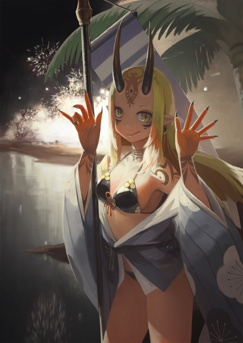 :p armpits arms_up backlighting banner bare_shoulders bikini bikini_under_clothes black_bikini black_nails blonde_hair blue_kimono breasts cleavage closed_mouth collarbone commentary_request cowboy_shot earrings facial_mark fate/grand_order fate_(series) fingernails fireworks floral_print forehead forehead_mark highres ibaraki_douji_(fate/grand_order) ibaraki_douji_(swimsuit_lancer)_(fate) japanese_clothes jewelry kimono long_fingernails long_hair medium_breasts multicolored_hair nail_polish night night_sky off_shoulder oni_horns open_clothes open_kimono palm_tree pointy_ears print_kimono red_hair red_ribbon ribbon sash sharp_fingernails sidelocks sky smile solo straight_hair swimsuit thighs tongue tongue_out tree two-tone_hair very_long_hair water weien wind yellow_eyes yukata