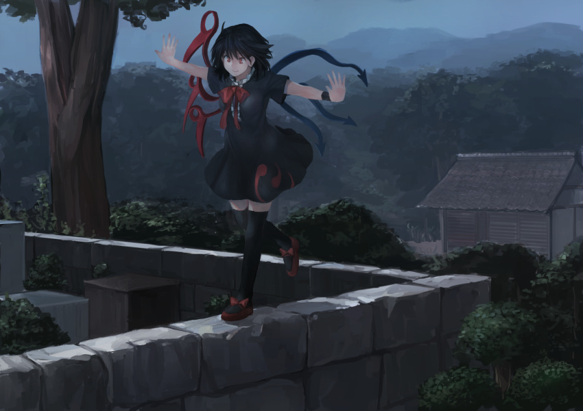 asymmetrical_wings balancing bangs black_dress black_hair black_legwear blue_wings bow bowtie breasts building center_frills cloud cloudy_sky commentary dress hill houjuu_nue ichiba_youichi medium_breasts outdoors outstretched_arms red_bow red_eyes red_footwear red_neckwear red_wings shoe_bow shoes short_dress short_hair short_sleeves sky smile solo stone_wall thighhighs touhou tree walking wall wings wristband zettai_ryouiki