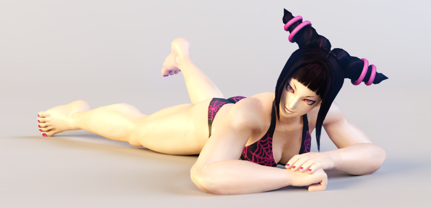 1girl ass bare_arms bare_shoulders barefoot bikini black_hair breasts feet han_juri hips huge_ass laying legs looking_at_viewer nail_polish purple_eyes purple_nails solo street_fighter swimsuit thick_thighs thighs wide_hips