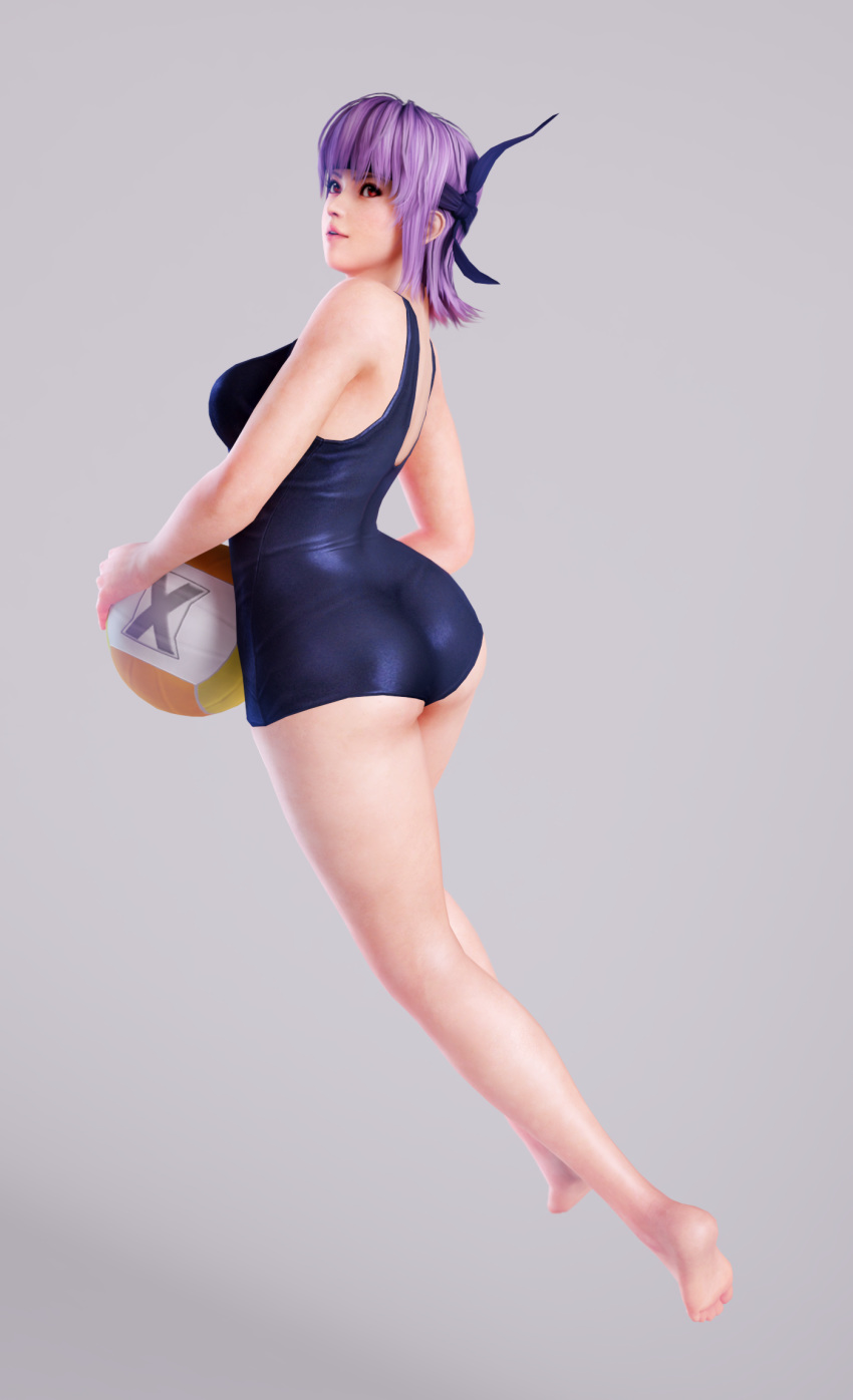 1girl ass ayane_(doa) ball bandanna bare_arms bare_shoulders barefoot breasts curvy dead_or_alive feet hips holding holding_ball huge_ass legs purple_hair red_eyes short_hair solo swimsuit thick_thighs thighs volleyball wide_hips x2gon