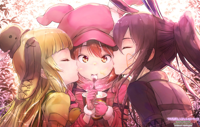 3girls animal_ears animal_hat bangs blonde_hair brown_eyes brown_gloves brown_hair brown_hat brown_jacket bunny_ears bunny_hat cheek_licking closed_mouth commentary_request ek_masato eyebrows_visible_through_hair eyes_closed face_licking facial_mark flat_cap food food_on_face fukaziroh_(sao) fur-trimmed_gloves fur_trim gloves hair_between_eyes hat holding holding_spoon ice_cream ice_cream_on_face jacket licking llenn_(sao) long_hair mini_hat multiple_girls pink_gloves pink_hat pink_jacket pitohui_(sao) ponytail profile sidelocks spoon sword_art_online sword_art_online_alternative:_gun_gale_online very_long_hair yellow_jacket