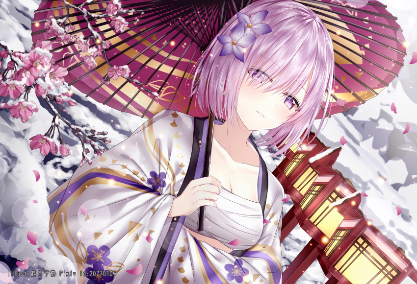 absurdres bangs breasts cleavage closed_mouth commentary_request day dutch_angle eyebrows_visible_through_hair eyes_visible_through_hair fate/grand_order fate_(series) floral_print flower hair_flower hair_ornament hair_over_one_eye highres holding holding_umbrella japanese_clothes junpaku_karen kimono mash_kyrielight medium_breasts open_clothes open_kimono oriental_umbrella outdoors petals pink_flower pink_hair pixiv_id print_kimono purple_eyes purple_flower red_umbrella sarashi short_hair snow solo tree_branch umbrella white_kimono