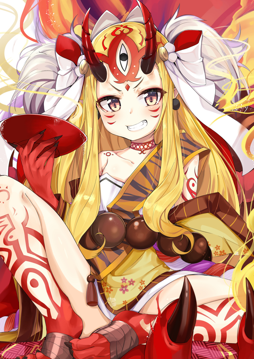 absurdres bare_legs bare_shoulders barefoot blonde_hair blush bow collarbone commentary cup earrings facial_mark fangs fate/grand_order fate_(series) forehead_mark grin hair_bow head_tilt highres holding horns ibaraki_douji_(fate/grand_order) japanese_clothes jewelry kimono kimono_pull long_hair ohshit oni oni_horns pointy_ears sakazuki sitting smile solo very_long_hair white_bow yellow_kimono