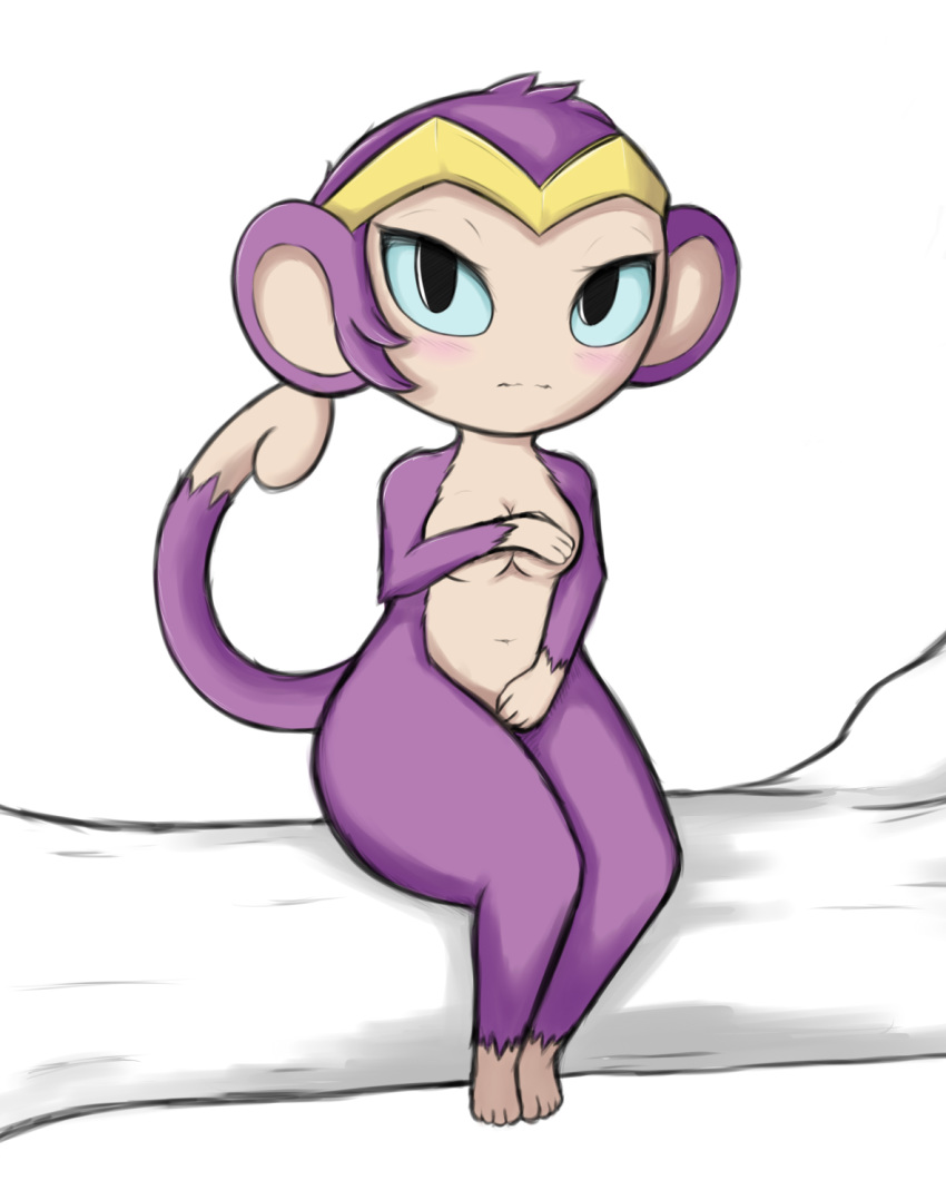 4_fingers 4_toes anthro blue_sclera blush covering covering_breasts crown embarrassed female fur kierus looking_at_viewer mammal monkey navel nude primate purple_fur shantae shantae_(series) short_stack simple_background solo toes video_games