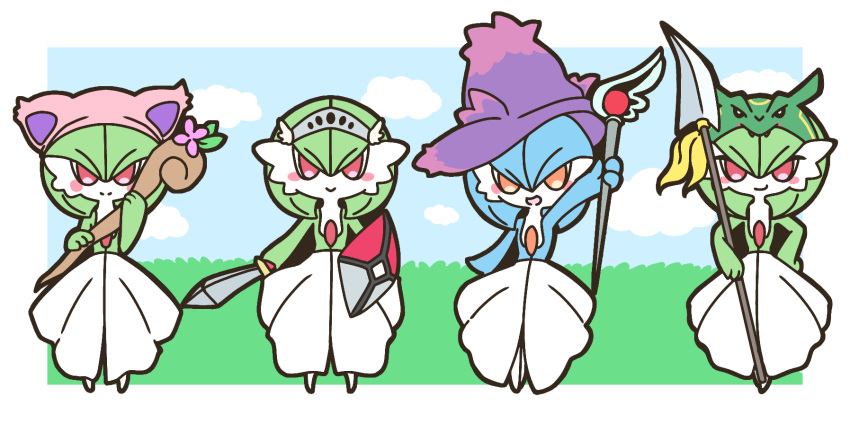 4girls alternate_color animal_ears arm_up blue_hair blue_sky blush blush_stickers border cat_ears chibi cloud creatures_(company) day fake_animal_ears female final_fantasy final_fantasy_xiv flower full_body game_freak gardevoir gen_3_pokemon gen_4_pokemon grass green_hair hand_on_hip hands_up happy hat highres holding holding_shield holding_spear holding_staff holding_sword holding_weapon looking_at_viewer mismagius muguet multiple_girls nintendo no_humans open_mouth orange_eyes outdoors pink_flower pink_hat pokemon pokemon_(creature) polearm purple_hat rayquaza red_eyes shield shiny_pokemon short_hair skitty sky smile spear staff standing sword tiara weapon white_border witch_hat