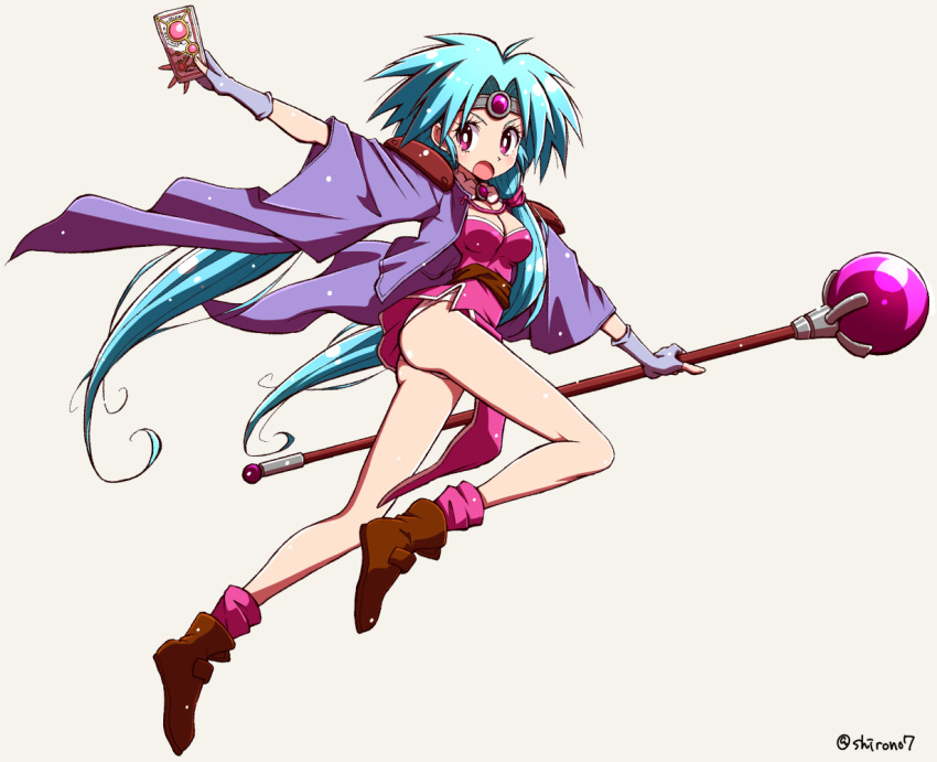 aqua_hair bangs bare_legs blue_gloves breasts brown_footwear card circlet cleavage dress fingerless_gloves full_body gloves hair_over_shoulder haou_taikei_ryuu_knight holding holding_staff jacket legs long_hair long_legs medium_breasts messy_hair open_mouth paffy_pafuricia panties parted_bangs pink_dress pink_legwear purple_eyes purple_jacket shirono shoes simple_background socks solo staff twintails twitter_username underwear white_background white_panties