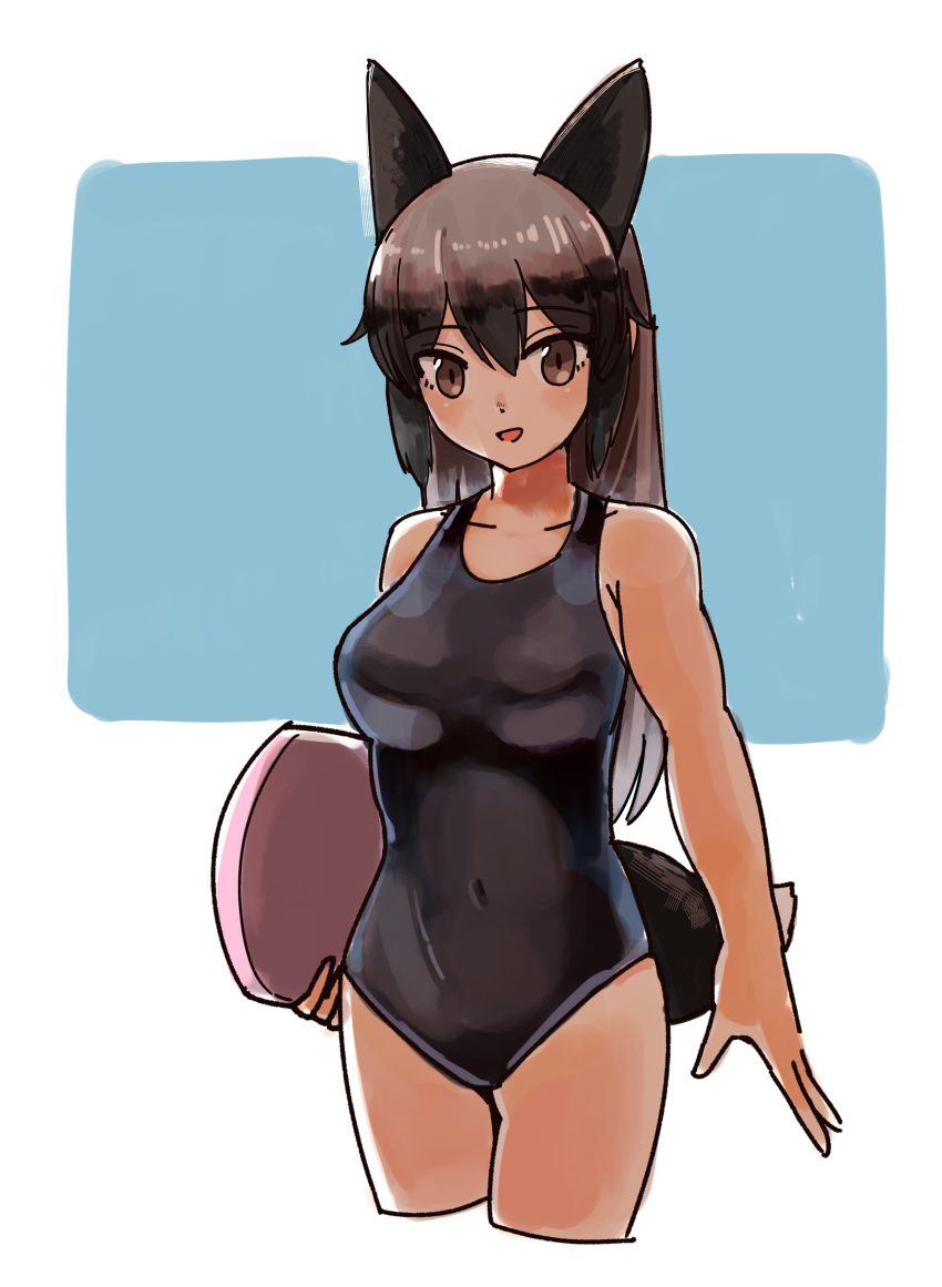 absurdres alternate_costume animal_ears bare_arms bare_shoulders black_hair brown_eyes casual_one-piece_swimsuit collarbone commentary cowboy_shot eyebrows_visible_through_hair fox_ears fox_tail grey_hair highres kemono_friends kickboard long_hair multicolored_hair omnisucker one-piece_swimsuit silver_fox_(kemono_friends) silver_hair sleeveless solo swimsuit tail