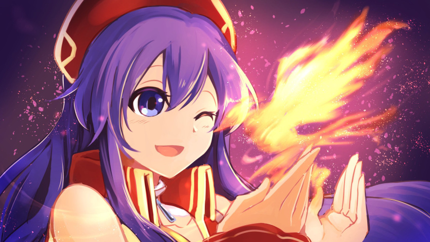 blue_eyes blue_hair blush dress fire fire_emblem fire_emblem:_fuuin_no_tsurugi fire_emblem_heroes hat highres lilina long_hair nakabayashi_zun open_mouth simple_background smile solo