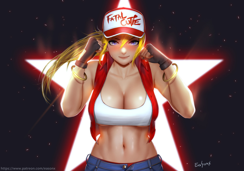 bangle bare_shoulders baseball_cap blonde_hair blue_eyes blush bracelet breasts cleavage commentary_request crop_top easonx fatal_fury fighting_stance fingerless_gloves genderswap genderswap_(mtf) gloves hat jacket jewelry large_breasts looking_at_viewer midriff navel open_clothes shorts sleeveless smile snk_heroines:_tag_team_frenzy solo star stomach terry_bogard the_king_of_fighters