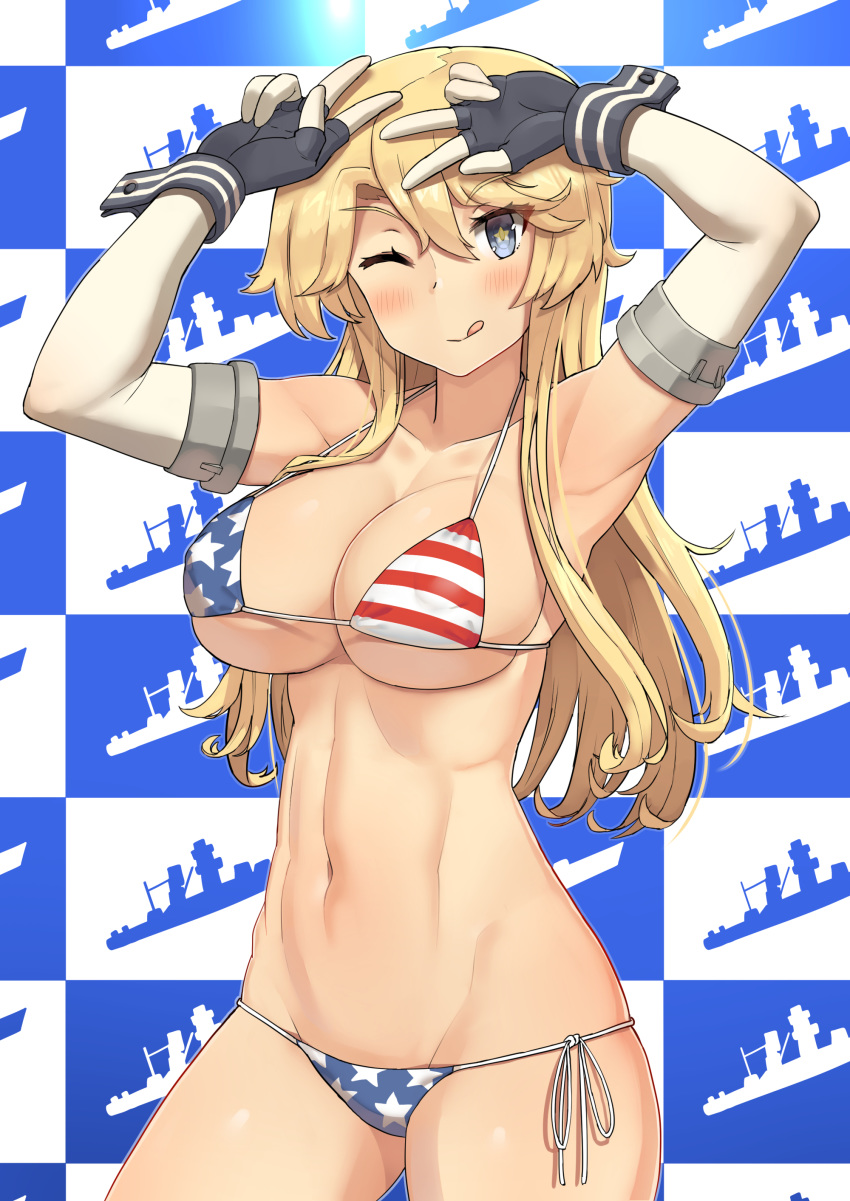 ;q abs absurdres american_flag_bikini armpits bikini blonde_hair blue_background blue_eyes breasts checkered checkered_background closed_mouth collarbone cowboy_shot elbow_gloves flag_print gloves highres iowa_(kantai_collection) kantai_collection large_breasts long_hair looking_at_viewer md5_mismatch navel one_eye_closed revision side-tie_bikini skindentation smile solo soushou_nin star star-shaped_pupils step_and_repeat swimsuit symbol-shaped_pupils tongue tongue_out two-tone_background v white_background