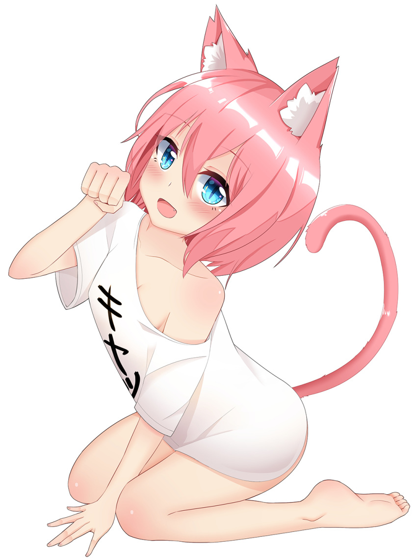 :d animal_ears arm_up bangs bare_legs barefoot blue_eyes blush breasts cat_ears cat_girl cat_tail cleavage clothes_writing commentary_request eyebrows_visible_through_hair fang feet fingernails hair_between_eyes hand_up highres legs leng_xiao off_shoulder open_mouth original paw_pose pink_hair shirt short_sleeves simple_background sitting small_breasts smile soles solo tail tail_raised translation_request wariza white_background white_shirt wide_sleeves