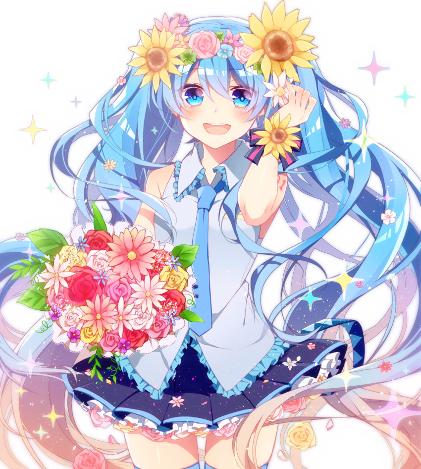 :d arm_up asagao_minoru bangs bare_shoulders black_ribbon black_skirt blue_eyes blue_hair blue_legwear blue_neckwear blush bouquet collared_shirt colored_eyelashes commentary_request cowboy_shot eyebrows_visible_through_hair flower frilled_shirt frills grey_shirt hair_between_eyes hair_flower hair_ornament hatsune_miku highres holding holding_bouquet leaf long_hair miniskirt necktie number_tattoo open_mouth petticoat pink_flower pink_rose pleated_skirt ribbon rose round_teeth shiny shiny_hair shirt shoulder_tattoo simple_background skirt sleeveless sleeveless_shirt smile solo sparkle striped striped_ribbon sunflower_hair_ornament tattoo teeth thighhighs upper_teeth vocaloid white_background wrist_ribbon yellow_flower yellow_rose zettai_ryouiki