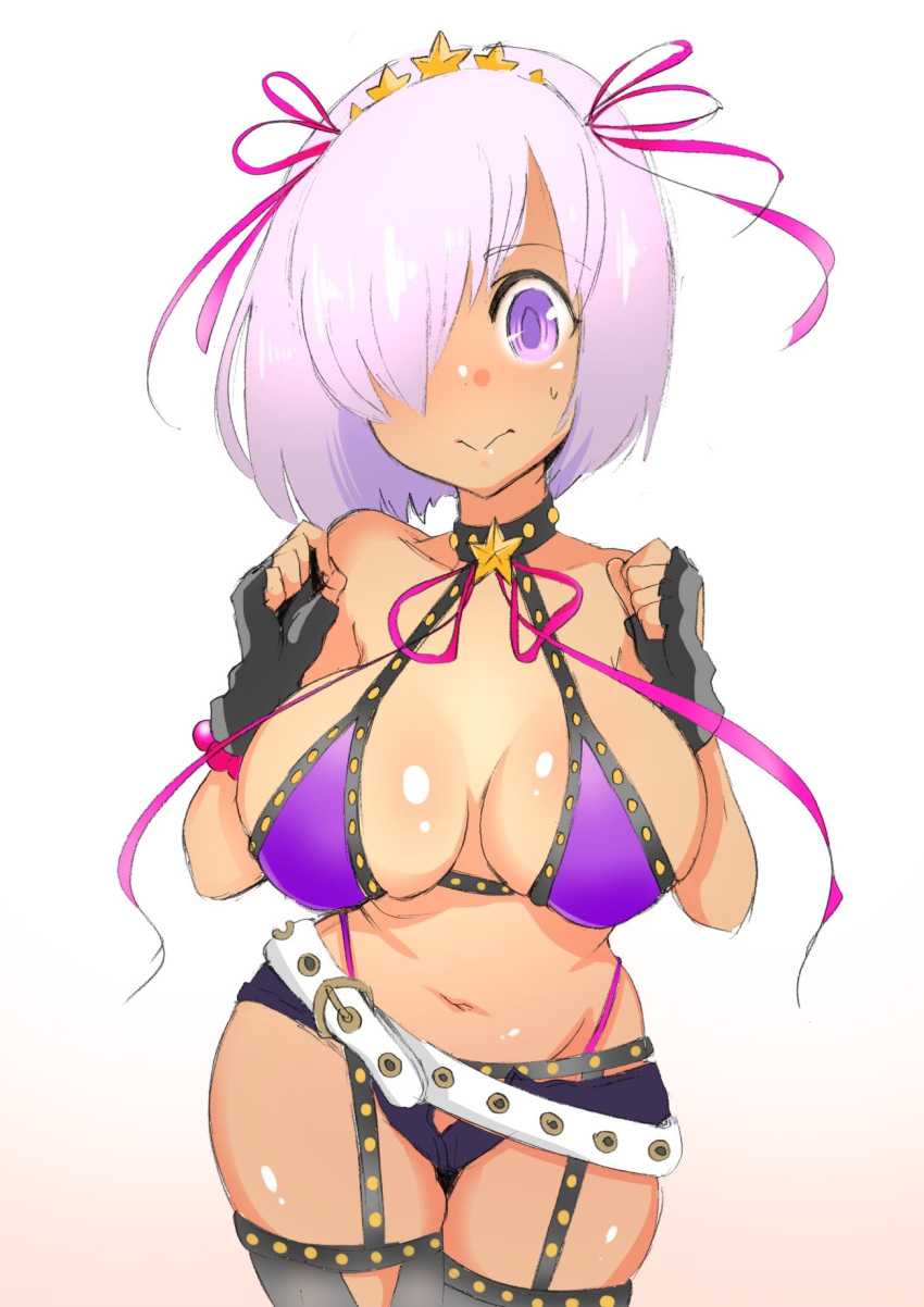 bb_(fate)_(all) bb_(swimsuit_mooncancer)_(fate) bb_(swimsuit_mooncancer)_(fate)_(cosplay) belt bikini blush breasts commentary_request cosplay fate/grand_order fate_(series) fingerless_gloves gloves hair_ornament hair_over_one_eye hair_ribbon highres kisaki_(strange_s_k) large_breasts lavender_hair loose_belt mash_kyrielight micro_shorts purple_bikini purple_eyes purple_ribbon ribbon short_hair shorts solo star star_hair_ornament stomach sweatdrop swimsuit tan
