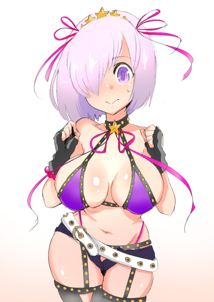 bb_(fate)_(all) bb_(swimsuit_mooncancer)_(fate) bb_(swimsuit_mooncancer)_(fate)_(cosplay) belt bikini blush breasts commentary_request cosplay fate/grand_order fate_(series) fingerless_gloves gloves hair_ornament hair_over_one_eye highres kisaki_(strange_s_k) large_breasts lavender_hair loose_belt mash_kyrielight micro_shorts purple_bikini purple_eyes purple_ribbon ribbon short_hair shorts solo star star_hair_ornament stomach sweatdrop swimsuit