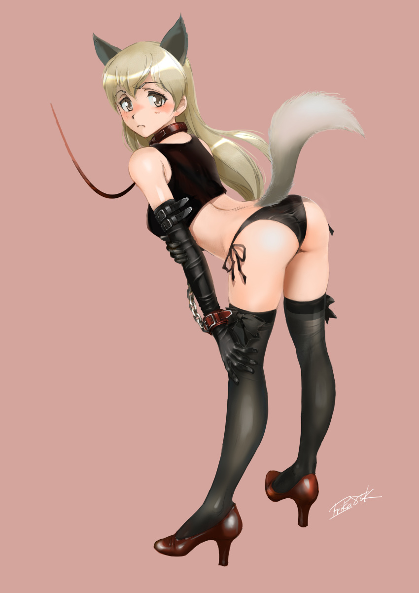 absurdres alternate_costume animal_ears arched_back ass bdsm bent_over black_legwear black_panties blush bondage bound breasts brown_eyes chain collar commentary_request cuffs eila_ilmatar_juutilainen elbow_gloves fine_fabric_emphasis fox_ears fox_girl fox_tail full_body gloves high_heels highres large_breasts leash looking_back panties pink_background shibata_masahiro side-tie_panties simple_background solo strike_witches tail tank_top thighhighs underwear white_hair world_witches_series