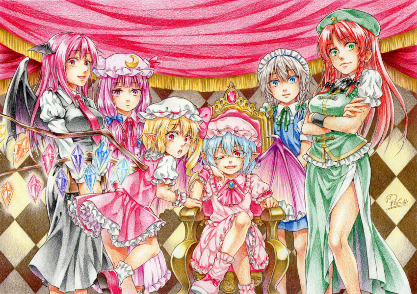 :d :o ;d argyle argyle_background armband ascot back bat_wings beret blonde_hair blue_dress blue_eyes blue_hair braid breasts brooch china_dress chinese_clothes closed_mouth collared_shirt colored_eyelashes crayon_(medium) crescent crescent_moon_pin crossed_arms crossed_legs curtains dress dress_shirt expressionless eyebrows_visible_through_hair eyelashes fang flandre_scarlet frilled_shirt frilled_skirt frills glowing glowing_wings green_dress green_eyes hair_between_eyes hair_ribbon hat head_wings highres hong_meiling izayoi_sakuya jewelry juliet_sleeves koakuma lips long_hair long_sleeves looking_at_viewer maid maid_headdress mob_cap multiple_girls necktie nora_wanko one_eye_closed open_mouth patchouli_knowledge pointy_ears puffy_short_sleeves puffy_sleeves purple_dress purple_eyes purple_hair red_eyes red_hair red_neckwear remilia_scarlet ribbon shirt shoes short_sleeves side_ponytail side_slit sidelocks silver_hair sitting skirt skirt_set slit_pupils smile standing star striped striped_dress the_embodiment_of_scarlet_devil throne touhou traditional_media tress_ribbon twin_braids v_arms vertical_stripes vest white_shirt wings wrist_cuffs wristband