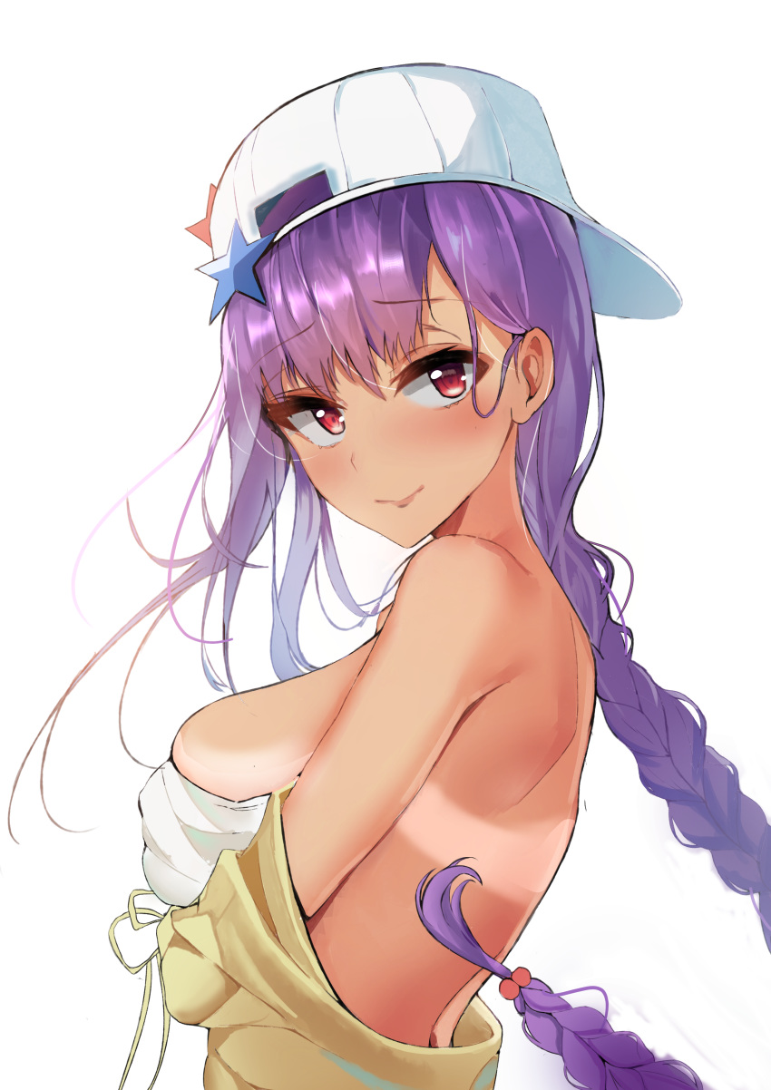 absurdres bb_(fate)_(all) bb_(swimsuit_mooncancer)_(fate) blush braid breasts closed_mouth eyebrows_visible_through_hair fate/grand_order fate_(series) hat highres k1np large_breasts long_hair purple_hair red_eyes simple_background single_braid solo star swimsuit tan tanline upper_body white_background white_hat