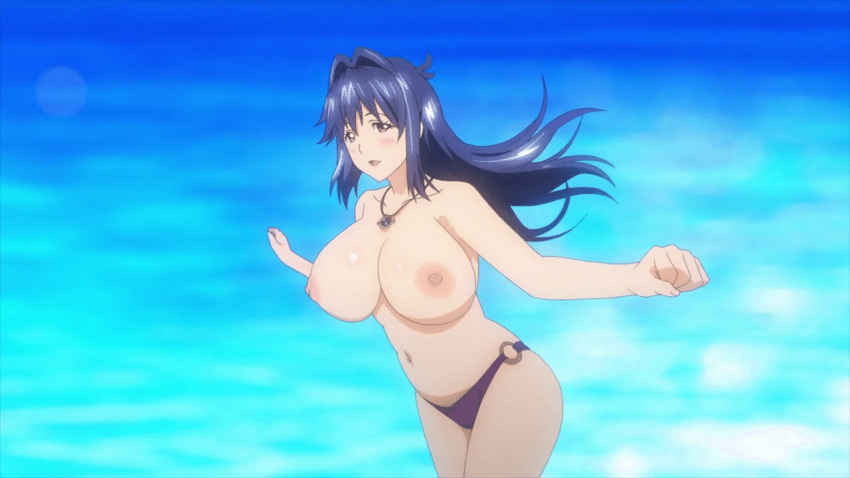 1girl animated animated_gif barefoot bikini bikini_bottom blush bouncing_breasts breasts hair_intakes huge_breasts jewelry large_breasts looking_at_viewer maken-ki! navel necklace nijou_aki nipples o-ring o-ring_bottom ocean open_mouth outdoors purple_eyes running solo swimsuit topfreedom topless