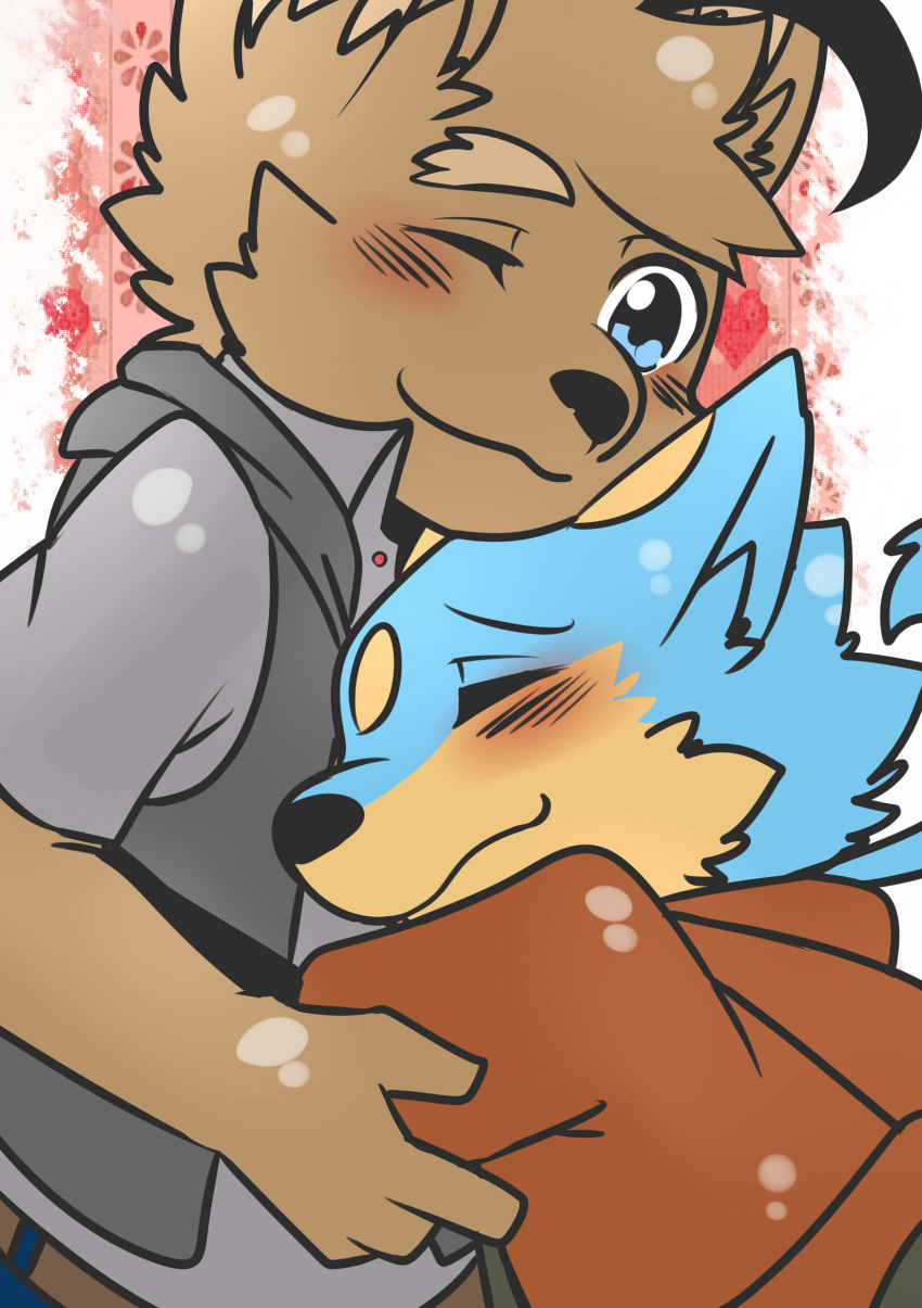 &lt;3 2015 4_fingers anthro anthro_on_anthro belt black_nose blue_eyes blue_fur blush brown_fur canine cheek_tuft clothed clothing cub dog duo embrace eyes_closed fully_clothed fur happy head_tuft hoodie hug love male male/male mammal one_eye_closed pants pattern_background romantic_couple saku1saya seiya_(saku1saya) shirt simple_background sleeveless smile tan_fur tuft young