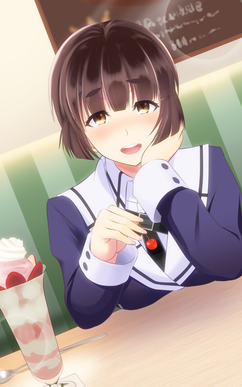 :d breast_rest breasts brown_eyes brown_hair cherry chin_rest commentary cup dutch_angle eyebrows_visible_through_hair food fruit glass hair_ornament hairclip hellpart highres holding holding_food holding_fruit ice_cream kantai_collection light_blush looking_at_viewer myoukou_(kantai_collection) open_mouth short_eyebrows short_hair smile solo spoon sundae table