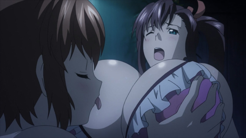 2girls amaya_haruko animated animated_gif bikini blush bra breasts brown_hair erect_nipples female genderswap huge_breasts kaneko_hiroyuki licking long_hair maken-ki! maken-ki!_two moaning multiple_girls nipples ooyama_takeru open_mouth purple_hair short_hair swimsuit takami_akio tongue underwear yuri