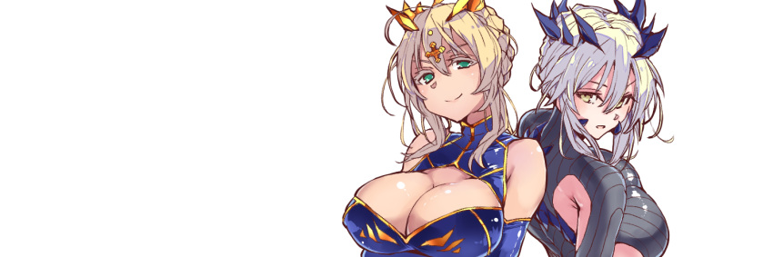 ahoge aqua_eyes artoria_pendragon_(all) artoria_pendragon_(lancer) artoria_pendragon_(lancer_alter) bare_shoulders blonde_hair braid breasts cleavage closed_mouth colored_eyelashes covered_nipples dual_persona fate/grand_order fate_(series) french_braid hair_bun kobo_(cobo_0609) large_breasts long_hair looking_at_viewer multiple_girls open_mouth pale_skin simple_background smile turtleneck upper_body white_background white_hair yellow_eyes