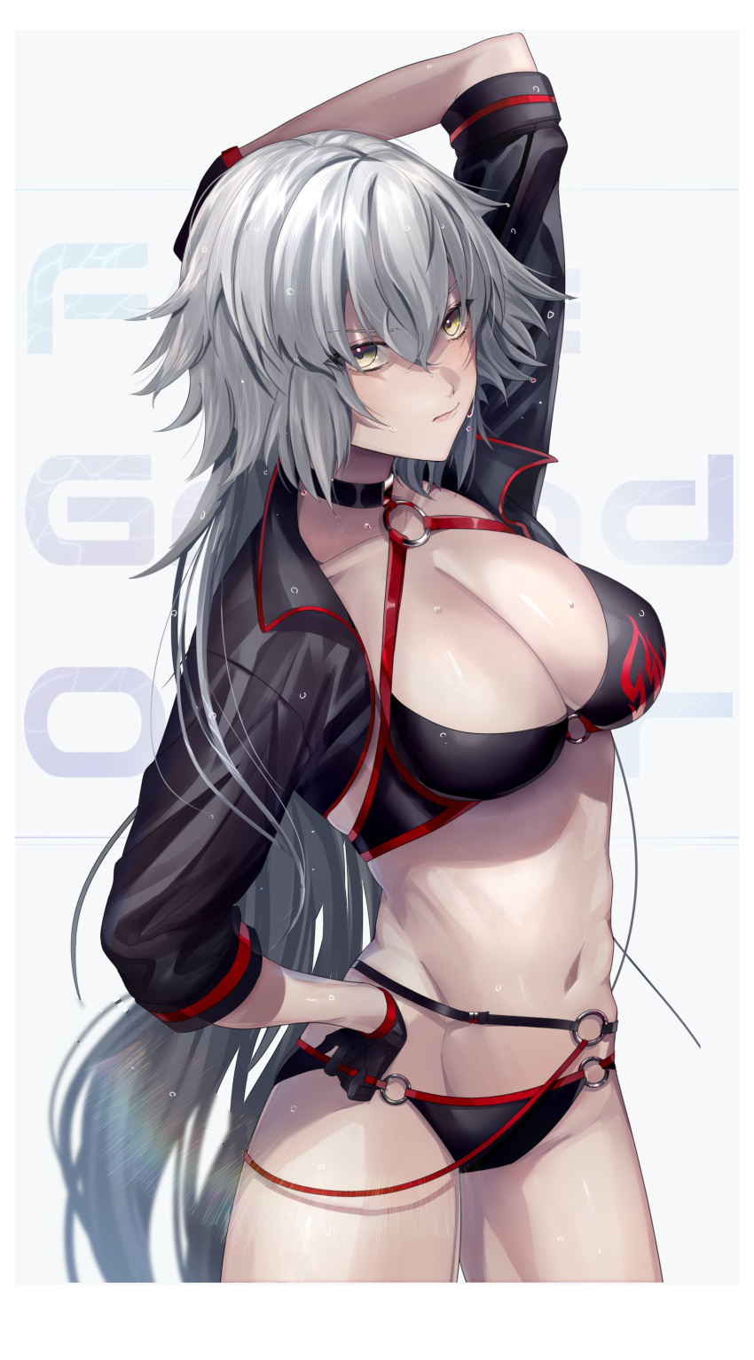 absurdres ahoge bad_id bad_twitter_id bikini black_bikini black_choker black_gloves black_jacket choker commentary_request cropped_jacket fate/grand_order fate_(series) gloves hair_between_eyes highres jacket jeanne_d'arc_(alter_swimsuit_berserker) jeanne_d'arc_(fate)_(all) long_hair o-ring o-ring_bikini o-ring_bottom o-ring_top shrug_(clothing) silver_hair simanerikotton solo swimsuit yellow_eyes