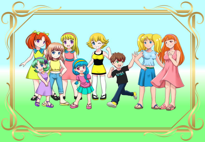 1boy 8girls absurdres blonde_hair blue_eyes blue_hair brown_hair commission converse denim dress family_portrait flip-flops frame green_eyes green_hair highres jeans mary_janes multiple_girls original pants pink_eyes powerpuff_girls purple_eyes red_hair safe sandals shirt shoes skirt smile sneakers t-shirt wink