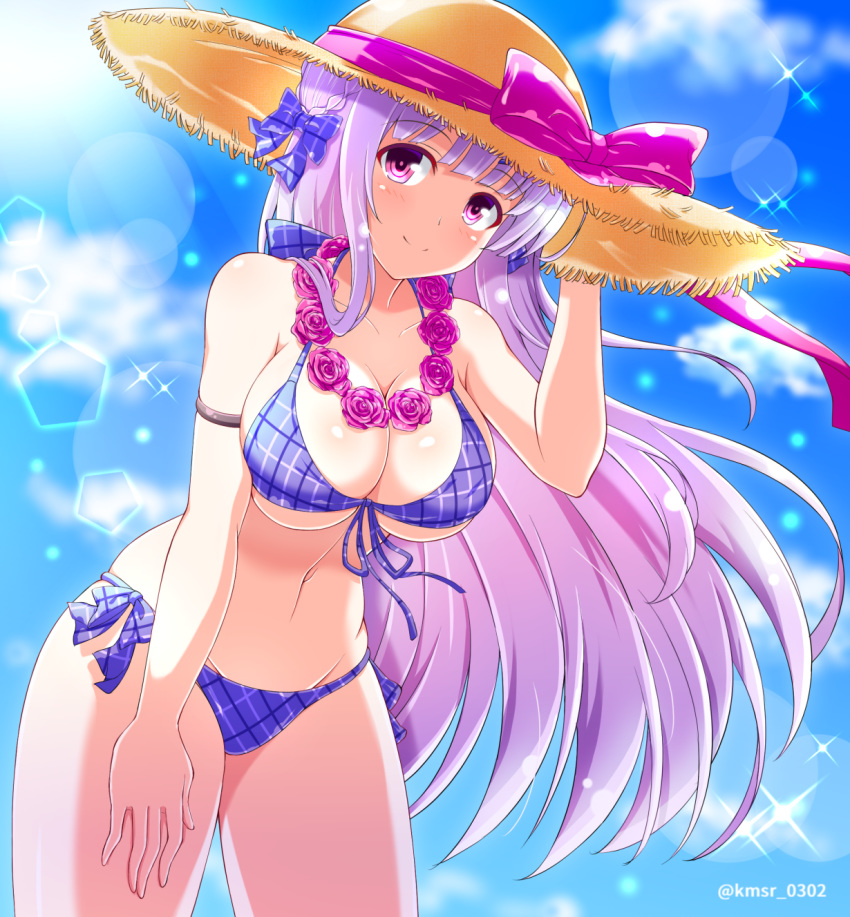 alternate_costume arm_strap ass_visible_through_thighs azur_lane bangs beach bikini blue_sky blush breasts cleavage cloud collarbone commentary_request cygnet_(azur_lane) day eyebrows_visible_through_hair floating_hair groin hair_ribbon hand_on_headwear hat highres kamishiro_(rsg10679) large_breasts leaning_forward long_hair looking_at_viewer navel outdoors plaid plaid_bikini plaid_ribbon purple_bikini purple_eyes purple_ribbon ribbon sand side-tie_bikini sidelocks skindentation sky smile solo sparkle stomach straw_hat sun_hat swimsuit thighs twitter_username wind