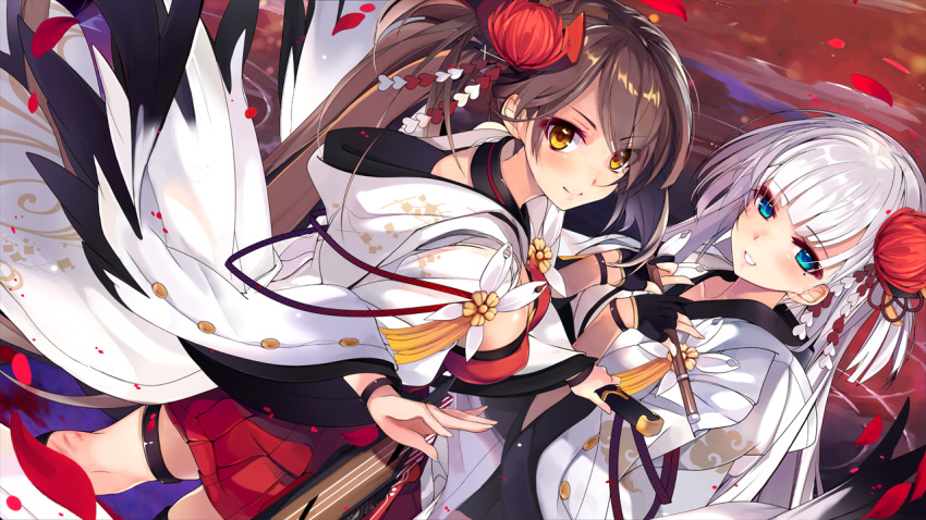 azur_lane bangs blue_eyes breasts brown_hair cleavage closed_mouth commentary_request dutch_angle eyebrows_visible_through_hair eyelashes eyeliner flight_deck floral_print flower flute gloves hair_flower hair_ornament holding holding_instrument instrument japanese_clothes kanzashi kimono large_breasts long_hair looking_at_viewer looking_back makeup miniskirt mole mole_under_eye multiple_girls ocean one_side_up outdoors parted_lips partly_fingerless_gloves pleated_skirt print_kimono red_skirt revision shirokitsune shoukaku_(azur_lane) side_ponytail silver_hair skirt smile thigh_strap tsumami_kanzashi very_long_hair water white_kimono yellow_eyes zuikaku_(azur_lane)