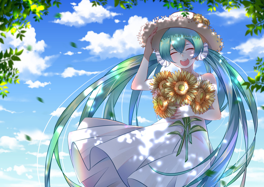absurdres aqua_hair blue_sky closed_eyes cloud day dress flower happy hat hatsune_miku highres kaburaryou_kiyo leaf long_hair open_mouth outdoors sky smile solo standing sunflower twintails very_long_hair vocaloid white_dress