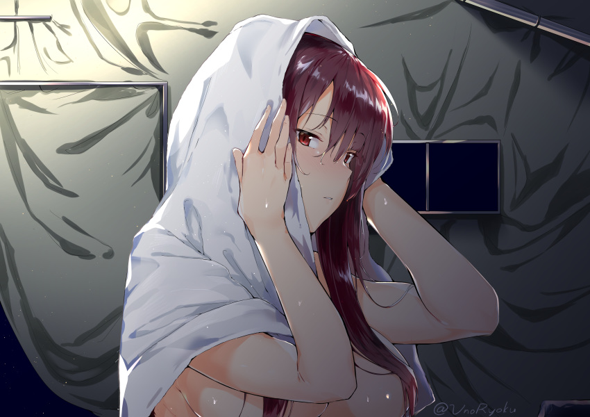 after_shower bangs blush breasts commentary_request eyebrows_visible_through_hair from_side girls_frontline hair_between_eyes highres holding holding_towel large_breasts light light_particles long_hair looking_at_viewer night nude parted_lips purple_hair red_eyes sideboob sidelocks solo tent towel tsurime twitter_username uno_ryoku upper_body very_long_hair wa2000_(girls_frontline) wet window wiping