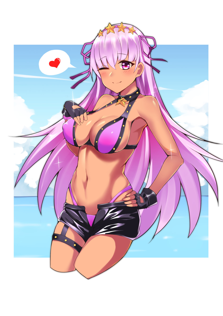 ;) absurdres bangs bare_shoulders bb_(fate)_(all) bb_(swimsuit_mooncancer)_(fate) bikini black_gloves black_shorts blue_sky blush breasts cleavage closed_mouth cloud cloudy_sky commentary_request covered_nipples cropped_legs day eyebrows_visible_through_hair fate/grand_order fate_(series) fingerless_gloves gloves groin gyaru hair_between_eyes hair_ornament hair_ribbon hand_on_hip heart highres horizon large_breasts long_hair looking_at_viewer meng_ge_3_(565571710) navel ocean one_eye_closed open_clothes open_fly open_shorts purple_bikini purple_eyes purple_hair purple_ribbon revision ribbon short_shorts shorts sky smile solo spoken_heart star star_hair_ornament swimsuit tan very_long_hair water