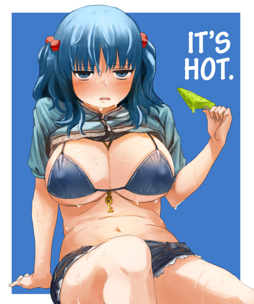 1girl bikini_top blue_background blue_bikini_top blue_eyes blue_hair blush breasts cleavage commentary erect_nipples eyebrows eyebrows_visible_through_hair food hair_bobbles hair_ornament hard_translated highres jacket jacket_lift kawashiro_nitori key large_breasts looking_at_viewer melting navel okbnkn open_mouth popsicle round_teeth short_shorts shorts simple_background sitting solo sweat sweatdrop sweating_profusely teeth text_focus thighs touhou translated two_side_up
