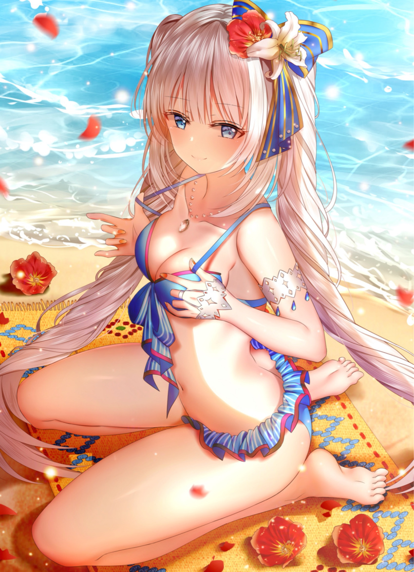 absurdres ass bangs bare_legs bare_shoulders barefoot beach bikini blue_bikini blue_bow blue_eyes blush bow breasts butt_crack cleavage closed_mouth collarbone day eyebrows_visible_through_hair fate/grand_order fate_(series) fingernails flower hair_between_eyes hair_bow hair_flower hair_ornament highres jewelry junpaku_karen long_hair marie_antoinette_(fate/grand_order) medium_breasts motion_blur nail_polish outdoors pendant petals pulled_by_self red_flower red_nails revision sand seiza sidelocks silver_hair sitting smile soles solo strap_pull striped striped_bow swimsuit twintails very_long_hair water white_flower