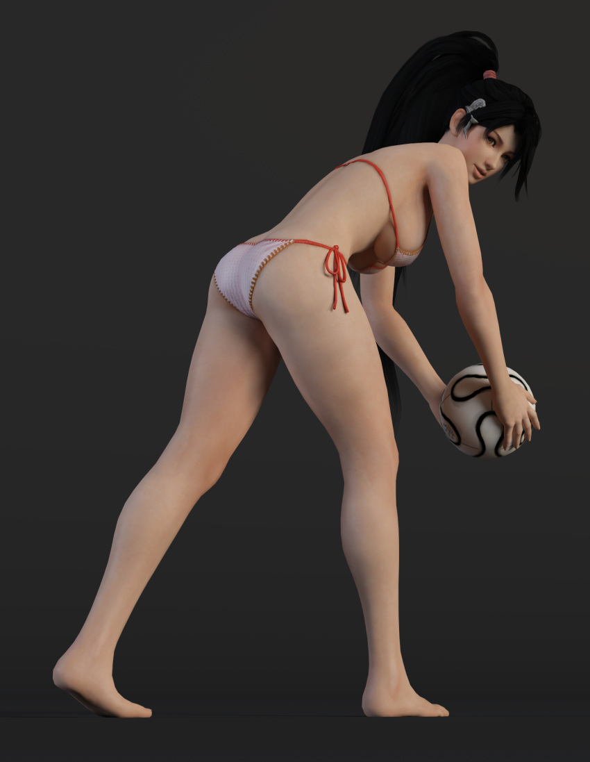 1girl ass back ball bare_arms bare_back bare_shoulders barefoot bikini black_hair breasts brown_eyes curvy dead_or_alive feet hips holding holding_ball legs long_hair momiji_(ninja_gaiden) ninja_gaiden ponytail soccer_ball solo swimsuit thick_thighs thighs tied_hair wide_hips x2gon