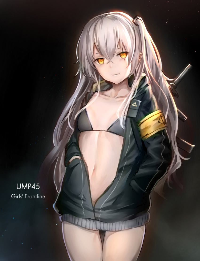 armband bangs black_bra blush bra breasts character_name closed_mouth collarbone commentary_request cowboy_shot crossed_bangs girls_frontline grey_hair gun h&amp;k_ump h&amp;k_ump45 hair_between_eyes hair_ornament hands_in_pockets head_tilt heckler_&amp;_koch highres hood hood_down hooded_jacket jacket light_particles light_smile long_hair looking_at_viewer one_side_up partially_unzipped scar scar_across_eye small_breasts smile submachine_gun tama_satou thighs ump45_(girls_frontline) underwear weapon weapon_on_back yellow_eyes