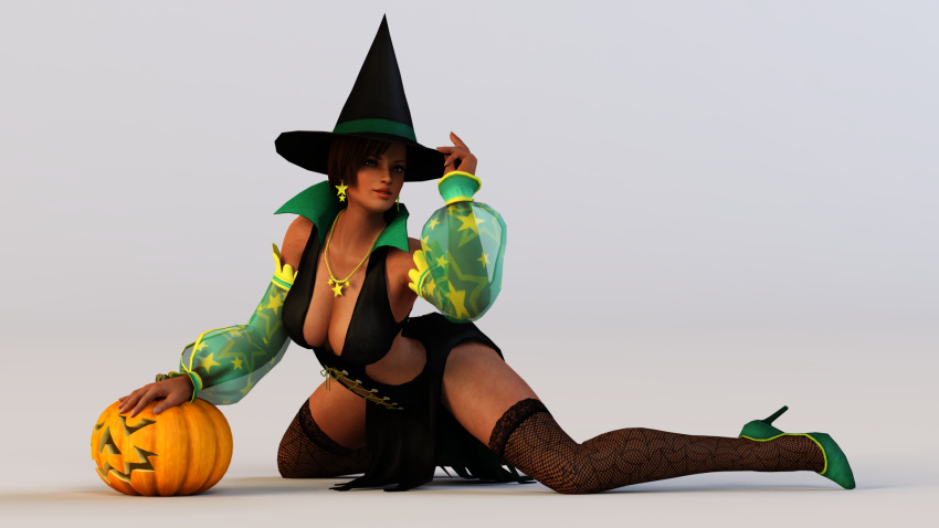 1girl bare_shoulders breasts brown_eyes brown_hair cleavage curvy dark_skin dead_or_alive earrings halloween hat heels highers jewelry kneeling large_breasts legs lisa_hamilton necklace pumpkin short_hair solo thick_thighs thighs witch witch_costume witch_hat x2gon
