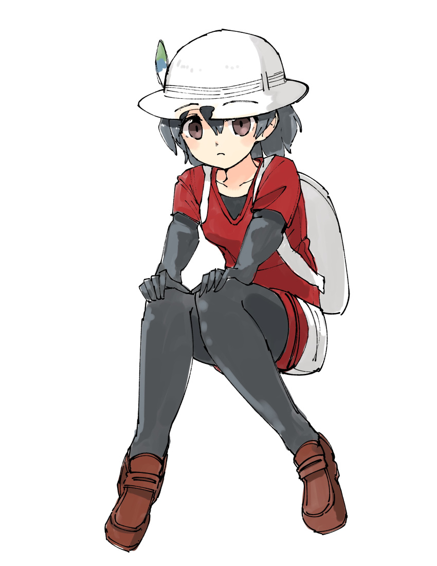 absurdres backpack bag black_hair bucket_hat collarbone commentary elbow_gloves eyebrows_visible_through_hat feathers full_body gloves hands_on_own_knees hat highres kaban_(kemono_friends) kemono_friends loafers omnisucker pantyhose shirt shoes short_hair short_sleeves shorts sitting solo t-shirt