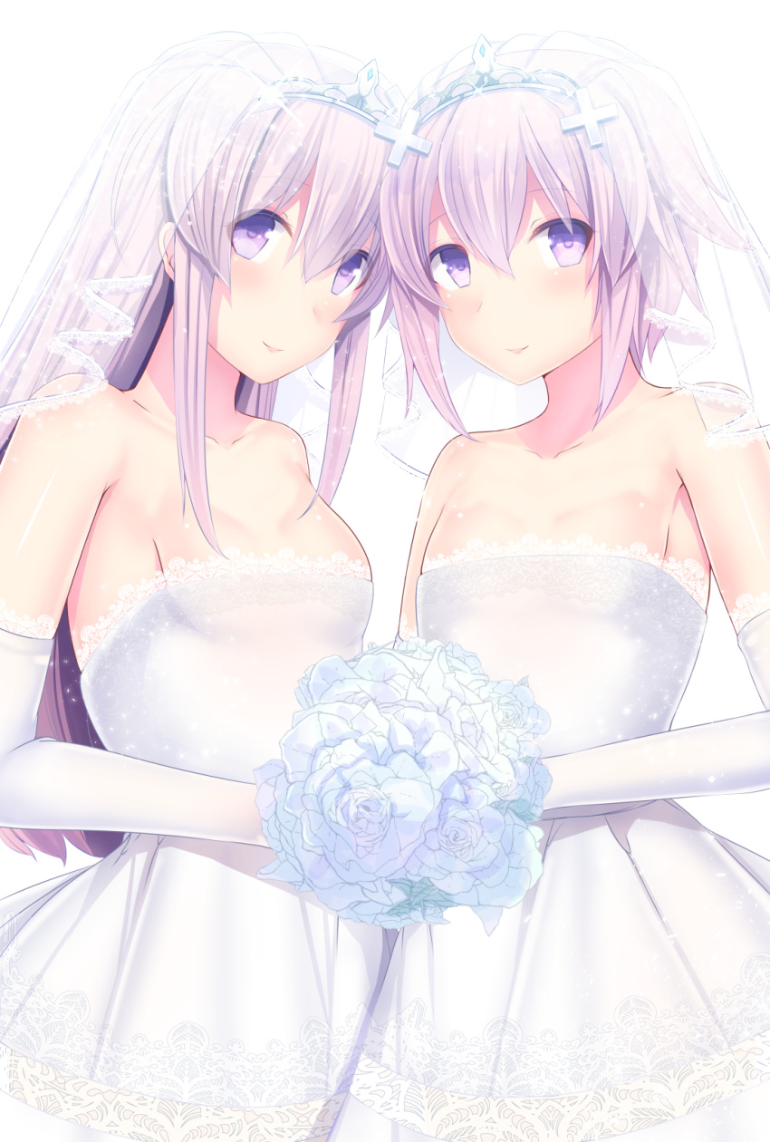 bare_shoulders bouquet breasts bridal_veil cleavage collarbone d-pad d-pad_hair_ornament daiaru dress elbow_gloves flat_chest flower gloves hair_between_eyes hair_ornament highres holding holding_bouquet long_hair multiple_girls nepgear neptune_(choujigen_game_neptune) neptune_(series) purple_eyes purple_hair short_hair siblings simple_background sisters small_breasts smile strapless strapless_dress tiara veil wedding_dress white_background white_gloves