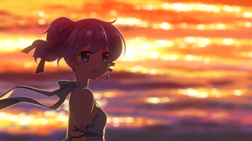 :d absurdres armlet bare_shoulders blue_eyes casual dj_max dj_max_portable earrings evening halter_top halterneck highres jewelry ladymade_star looking_at_viewer looking_back open_mouth ponytail purple_hair reflection scan side_ponytail smile solo strap_gap sunlight upper_body water yuuki_tatsuya