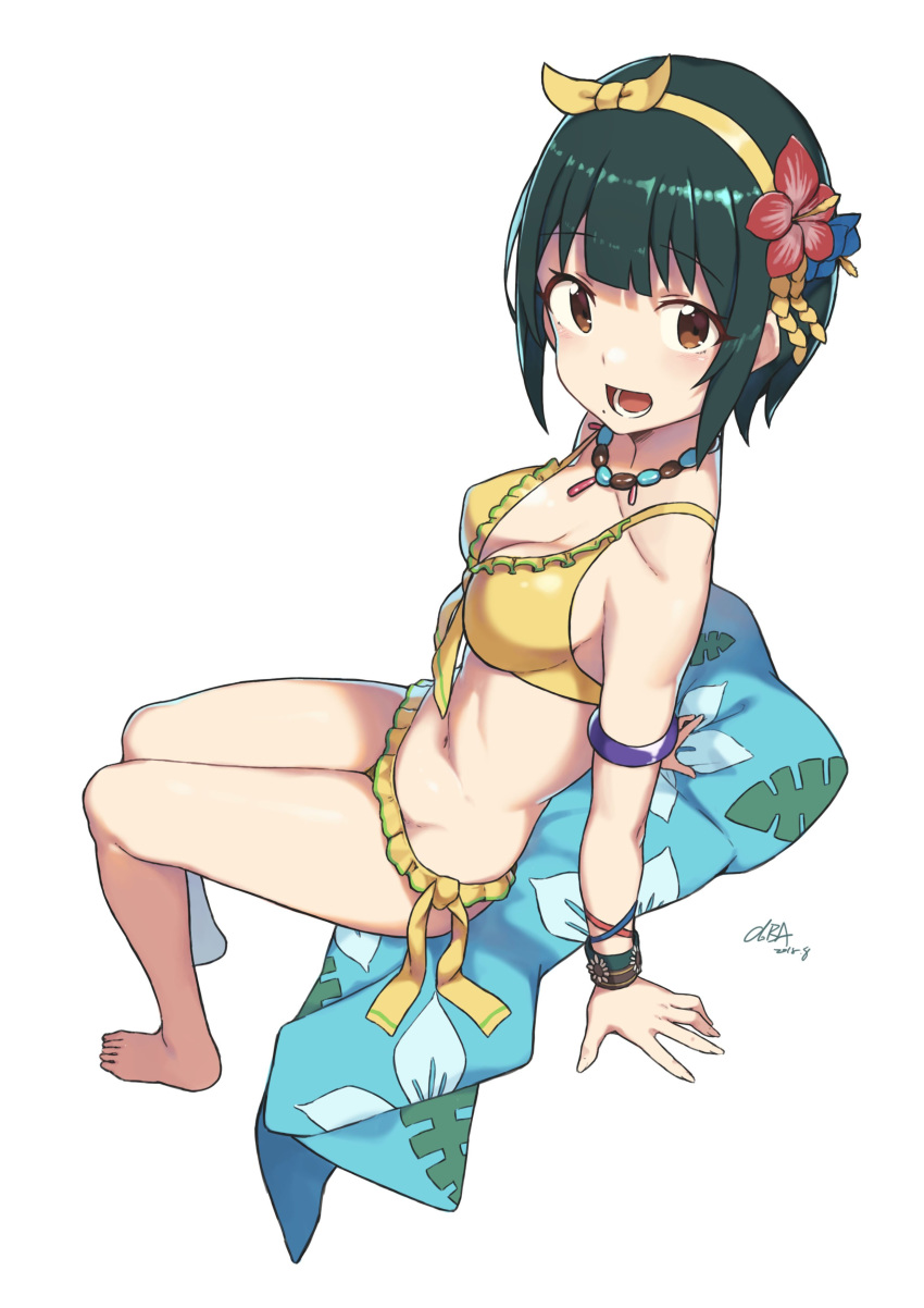absurdres arm_support armlet bikini blush bracelet breasts brown_eyes cleavage cloba commentary_request dated eyebrows_visible_through_hair flower frilled_bikini frills front-tie_top full_body green_hair hair_flower hair_ornament hairband highres idolmaster idolmaster_(classic) jewelry looking_at_viewer medium_breasts mole mole_under_mouth navel necklace open_mouth otonashi_kotori short_hair side-tie_bikini signature simple_background sitting smile solo swimsuit towel white_background wristband yellow_bikini yellow_hairband