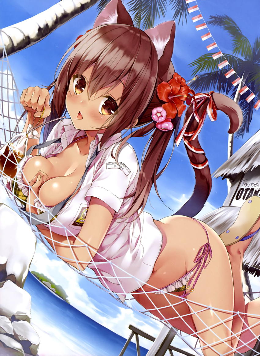 animal_ears bikini cleavage nekomimi open_shirt pikomint seifuku swimsuits tail