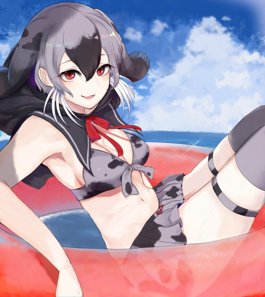 bikini bikini_skirt bikini_top black_hair cloud cloudy_sky commentary_request day dnsdltkfkd eyebrows_visible_through_hair fang grey_hair hair_between_eyes highres hood hood_down hooded_seal_(kemono_friends) innertube kemono_friends korean_commentary looking_at_viewer multicolored_hair navel neck_ribbon open_mouth red_eyes ribbon sailor_collar short_hair sky smile solo swimsuit thighhighs water