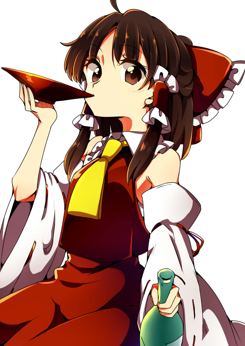 armpits ascot baba_(baba_seimaijo) bare_shoulders bottle bow brown_eyes brown_hair collared_shirt commentary cup detached_sleeves hair_bow hair_tubes hakurei_reimu half_updo highres looking_at_viewer medium_hair nontraditional_miko red_bow red_skirt ribbon-trimmed_sleeves ribbon_trim sakazuki sake_bottle shirt sidelocks skirt touhou white_background wide_sleeves