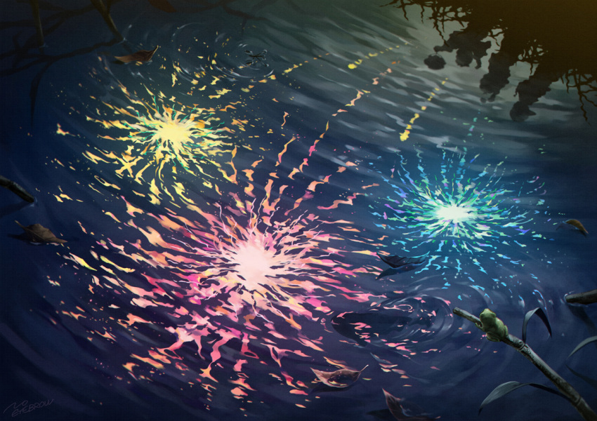 aerial_fireworks ambiguous_gender animal artist_name fireworks frog grass leaf multiple_others night no_humans noeyebrow_(mauve) original outdoors plant reflection ripples water
